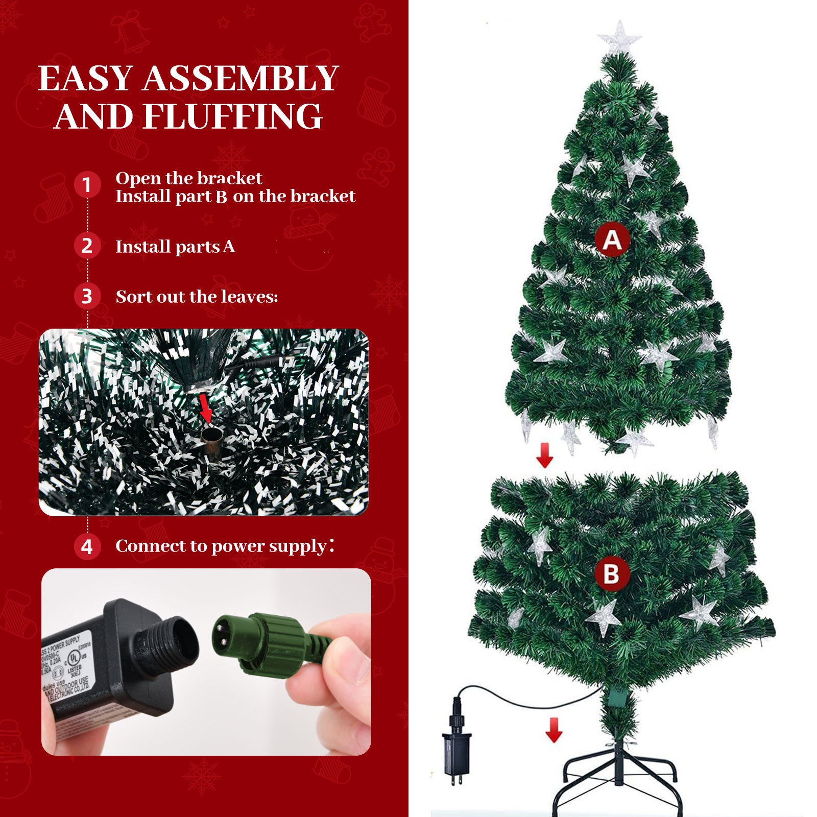 7FT Pre-Lit Fiber Optic Christmas Tree Green Spruce with 245 LED Warm White Lights &amp; Star Topper. Realistic PVC Needles, Stable Metal Stand. Indoor Holiday Decor for Home &amp; Office.