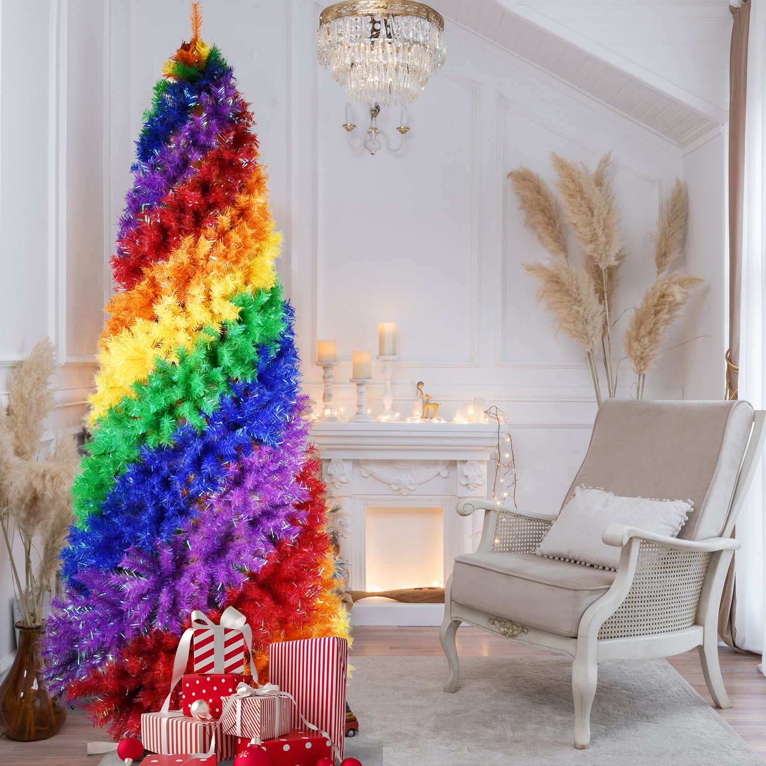 7.5ft Rainbow Spiral Christmas Tree: Vibrant PVC Artificial Holiday Tree with 1825 Lush Tips &amp; Sturdy Metal Stand for Indoor Festive Decor
