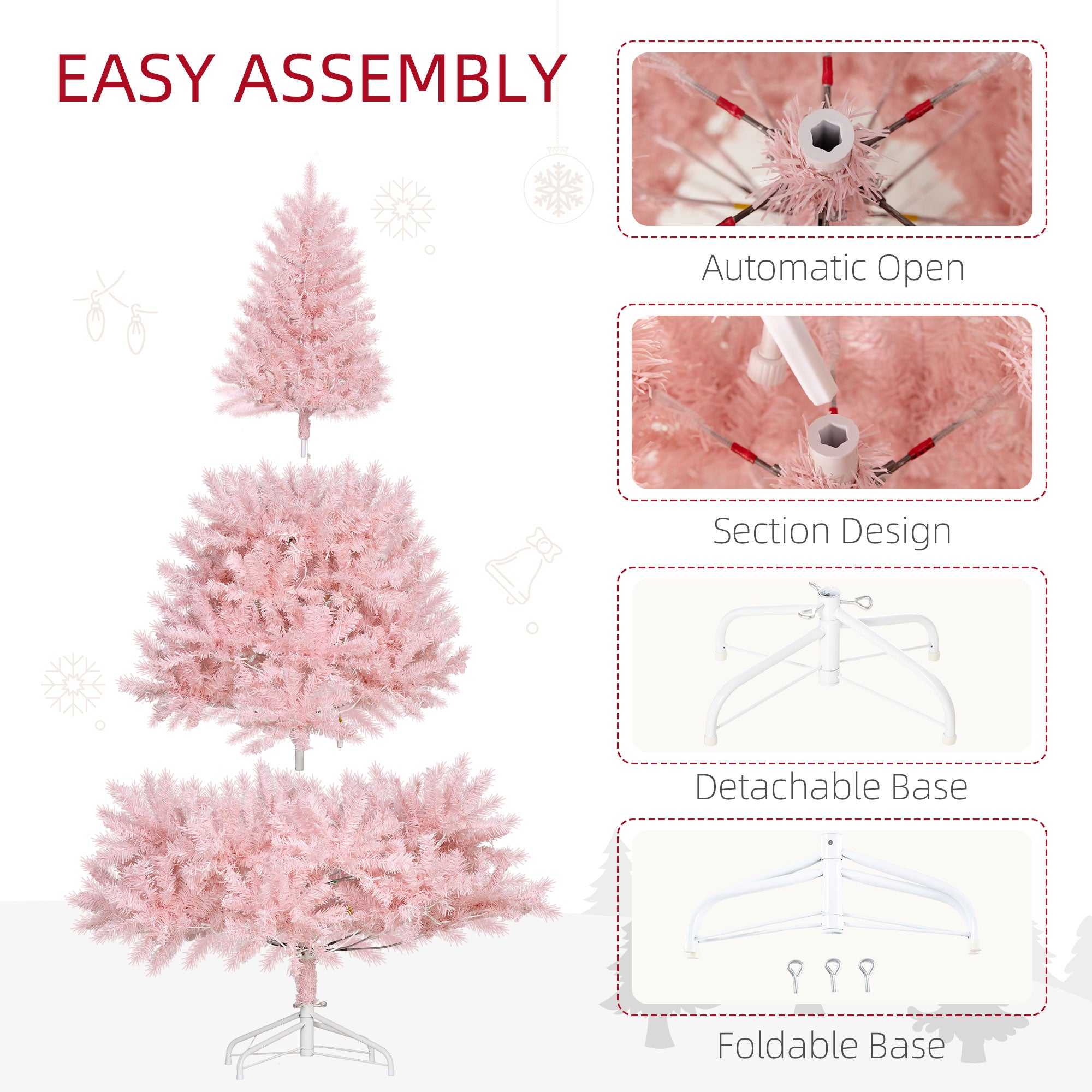 HOMCOM 6ft Pink Douglas Fir Artificial Christmas Tree: 1000 Tips, 250 Warm White LEDs, Realistic Branches, Metal Base - Perfect for Festive Holiday Home Decor