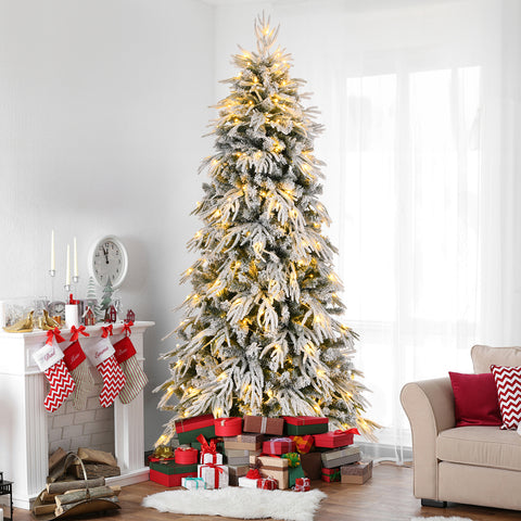 8ft Slim Flocked Noble Christmas Tree - Pre-lit Warm White LED, 950 PE/PVC Tips, Realistic Snow Design, Easy Assembly for Home Corners & Narrow Spaces