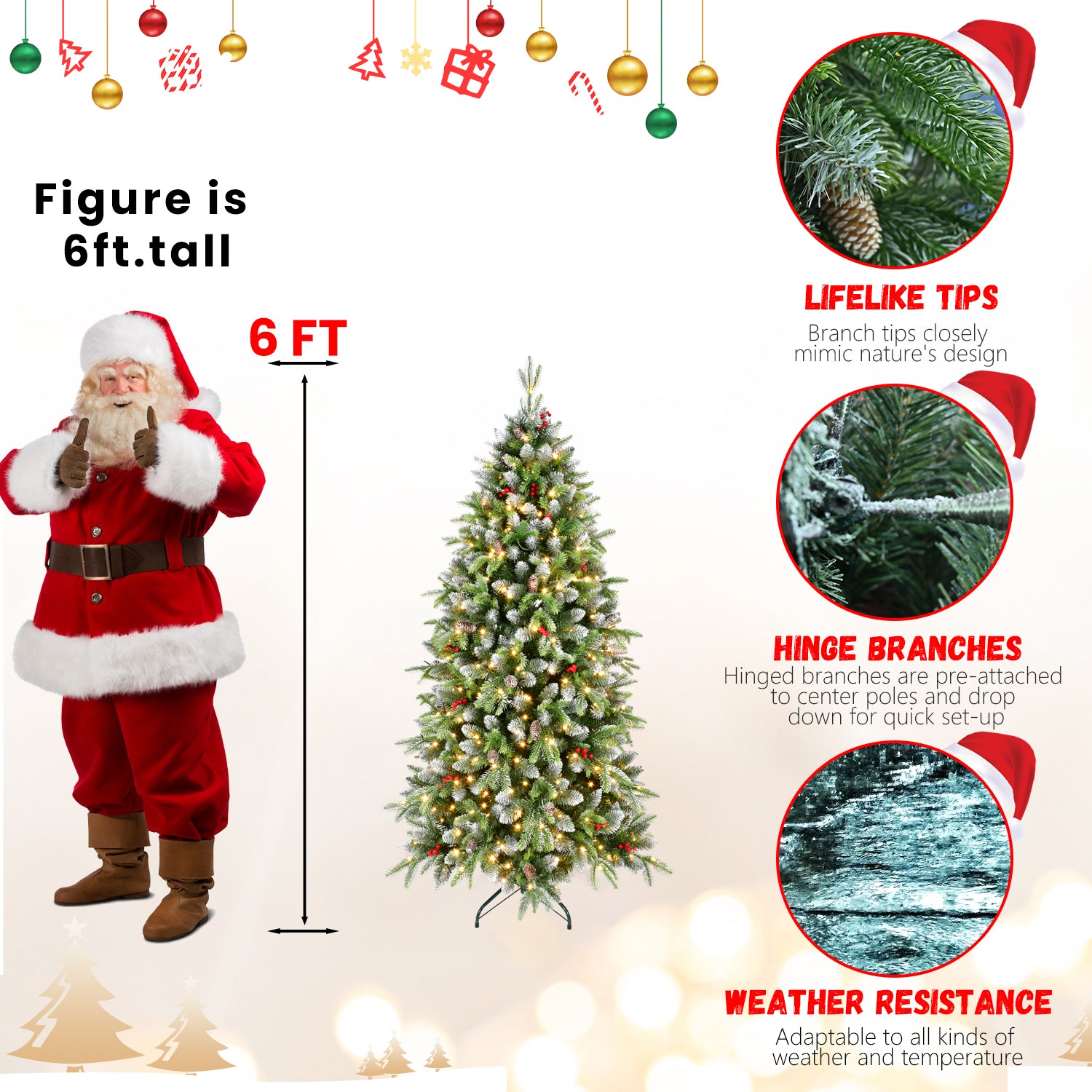 6ft Frosted Green Artificial Christmas Tree | 380 Warm White LED Lights | 1264 Lush Tips | Red Berries &amp; Pinecones | Sturdy Metal Stand | Indoor Holiday Decor