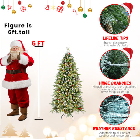 6ft Frosted Green Artificial Christmas Tree | 380 Warm White LED Lights | 1264 Lush Tips | Red Berries &amp; Pinecones | Sturdy Metal Stand | Indoor Holiday Decor