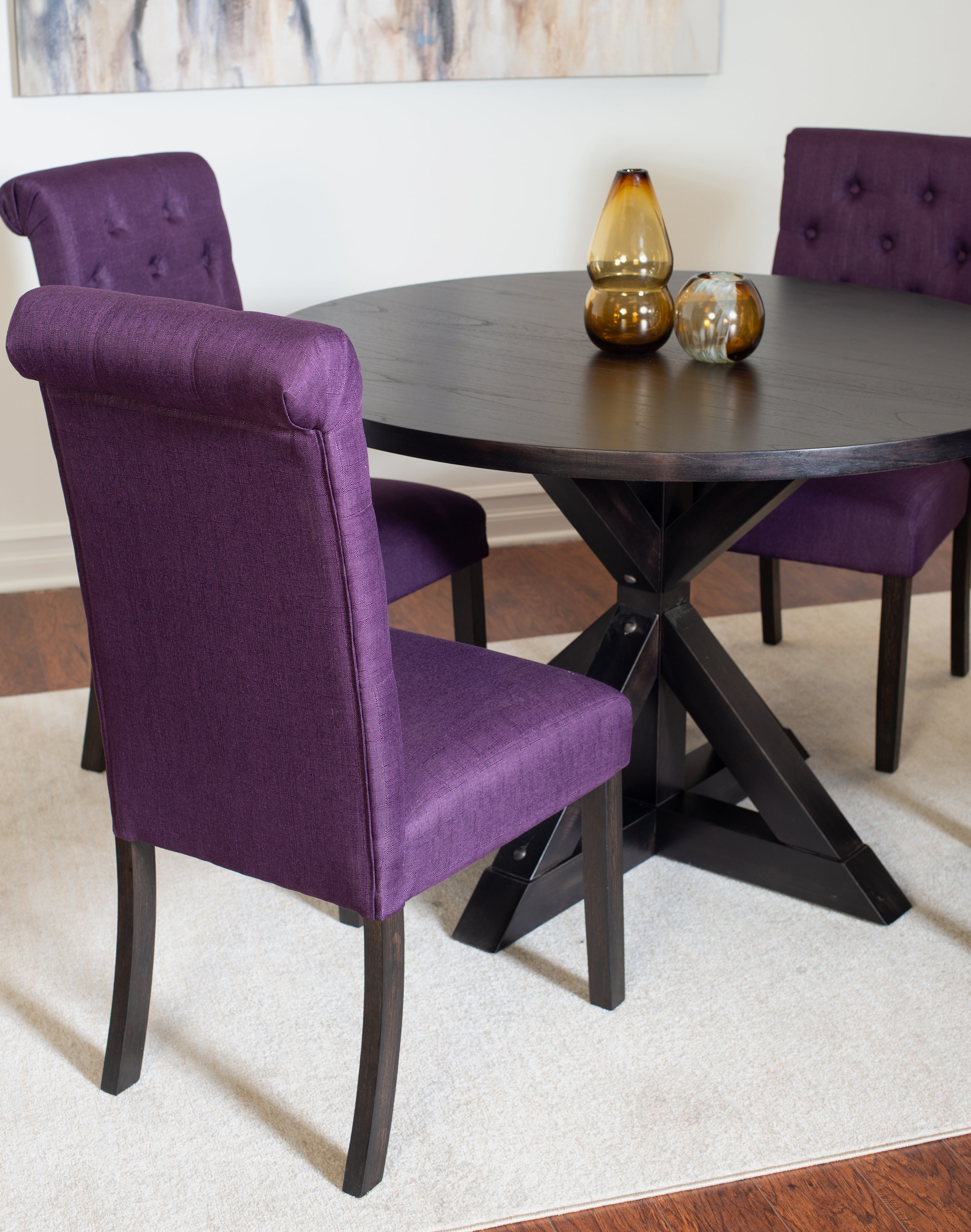 Nylander 5-Piece Round Dining Set: Black Oak Veneer Cross-Buck Pedestal Table (47.25") & 4 Espresso Button-Tufted Chairs for Cozy Dining Rooms