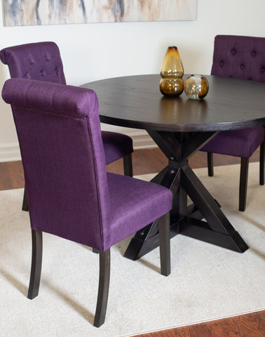 Nylander 5-Piece Round Dining Set: Black Oak Veneer Cross-Buck Pedestal Table (47.25") & 4 Espresso Button-Tufted Chairs for Cozy Dining Rooms