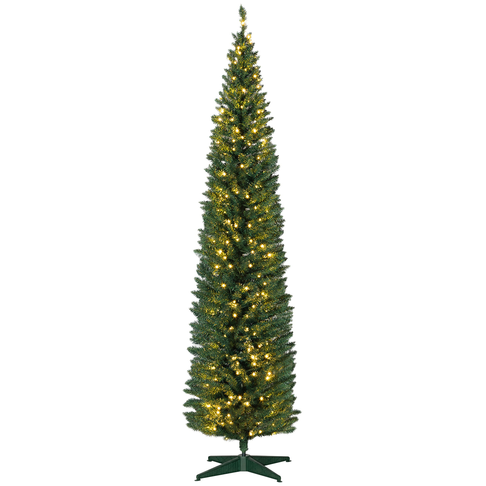 HOMCOM 8ft Slim Noble Fir Artificial Christmas Tree | 618 Tips, 300 Warm White LEDs | Realistic Green Plastic | Indoor Home Holiday Decor