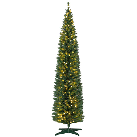HOMCOM 8ft Slim Noble Fir Artificial Christmas Tree | 618 Tips, 300 Warm White LEDs | Realistic Green Plastic | Indoor Home Holiday Decor