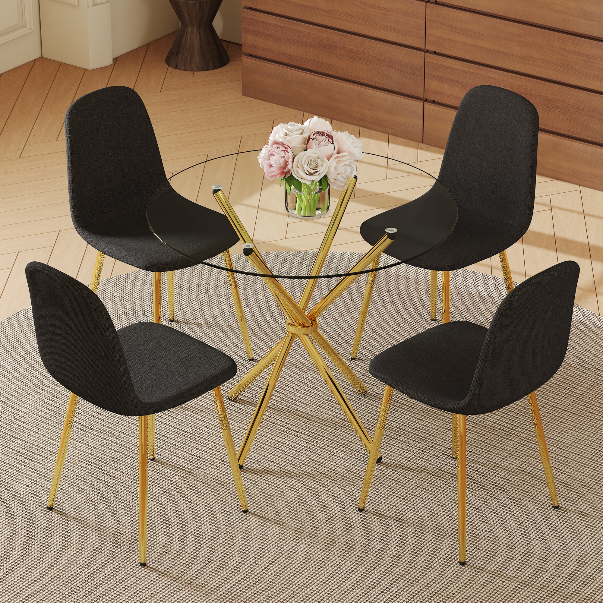 4-Piece Modern Luxe Dining Set: 36.6'' Round Tempered Glass Table & Black Linen-Cotton Chairs with Gold Metal Legs - Chic Seating for Kitchen, Living Room, Home Office | Seats 4