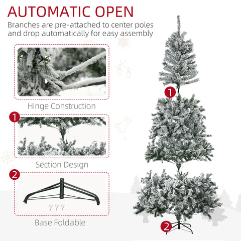 HOMCOM 7.5' Flocked Artificial Christmas Tree | Auto-Open Design, 500 Warm White LED Lights | Realistic Snowy Branches, Flame-Retardant Plastic | Perfect for Home Holiday Decor
