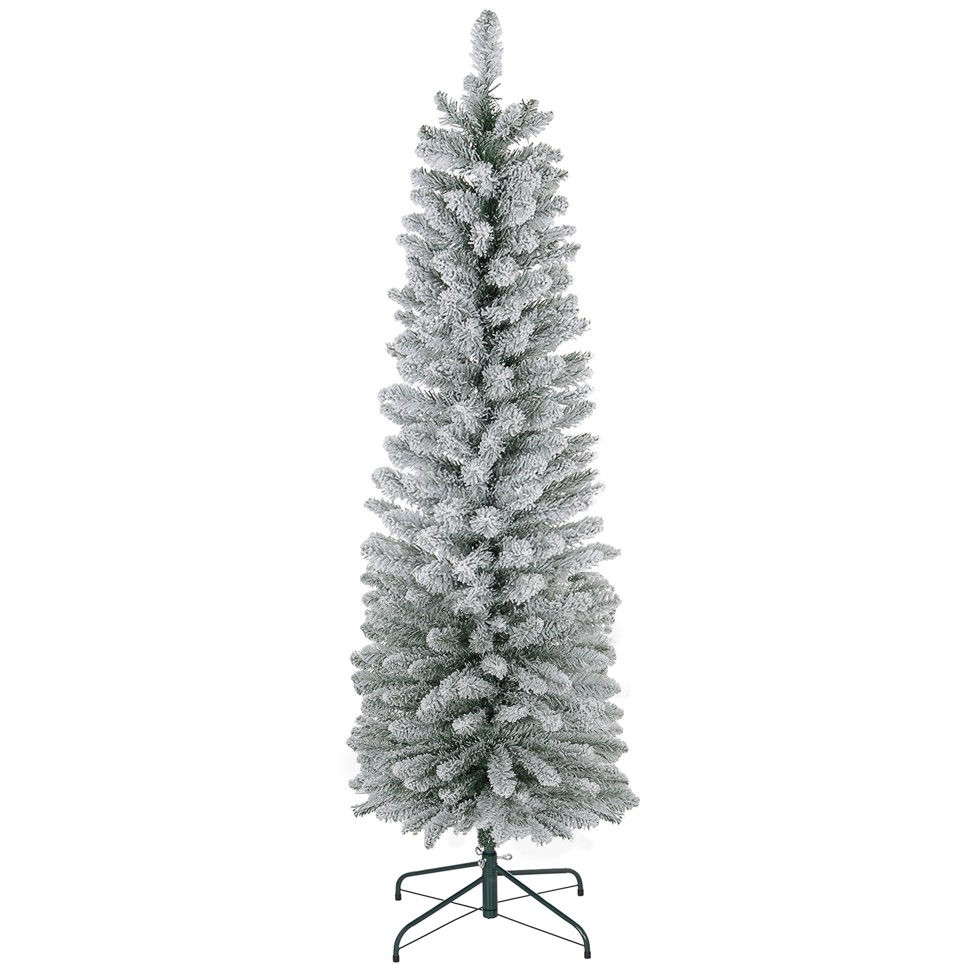 HOMCOM 6ft Snow Flocked Pencil Christmas Tree, Realistic Artificial Xmas Tree with 329 Tips &amp; Metal Base, Space-Saving Green Plastic Tree for Indoor Festive Decor
