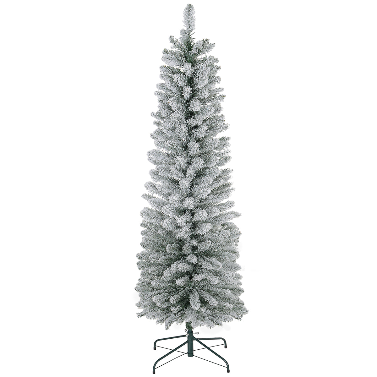 HOMCOM 6ft Snow Flocked Pencil Christmas Tree, Realistic Artificial Xmas Tree with 329 Tips &amp; Metal Base, Space-Saving Green Plastic Tree for Indoor Festive Decor