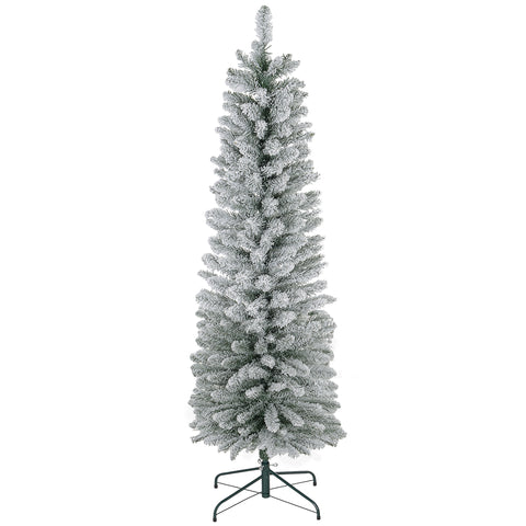 HOMCOM 6ft Snow Flocked Pencil Christmas Tree, Realistic Artificial Xmas Tree with 329 Tips &amp; Metal Base, Space-Saving Green Plastic Tree for Indoor Festive Decor