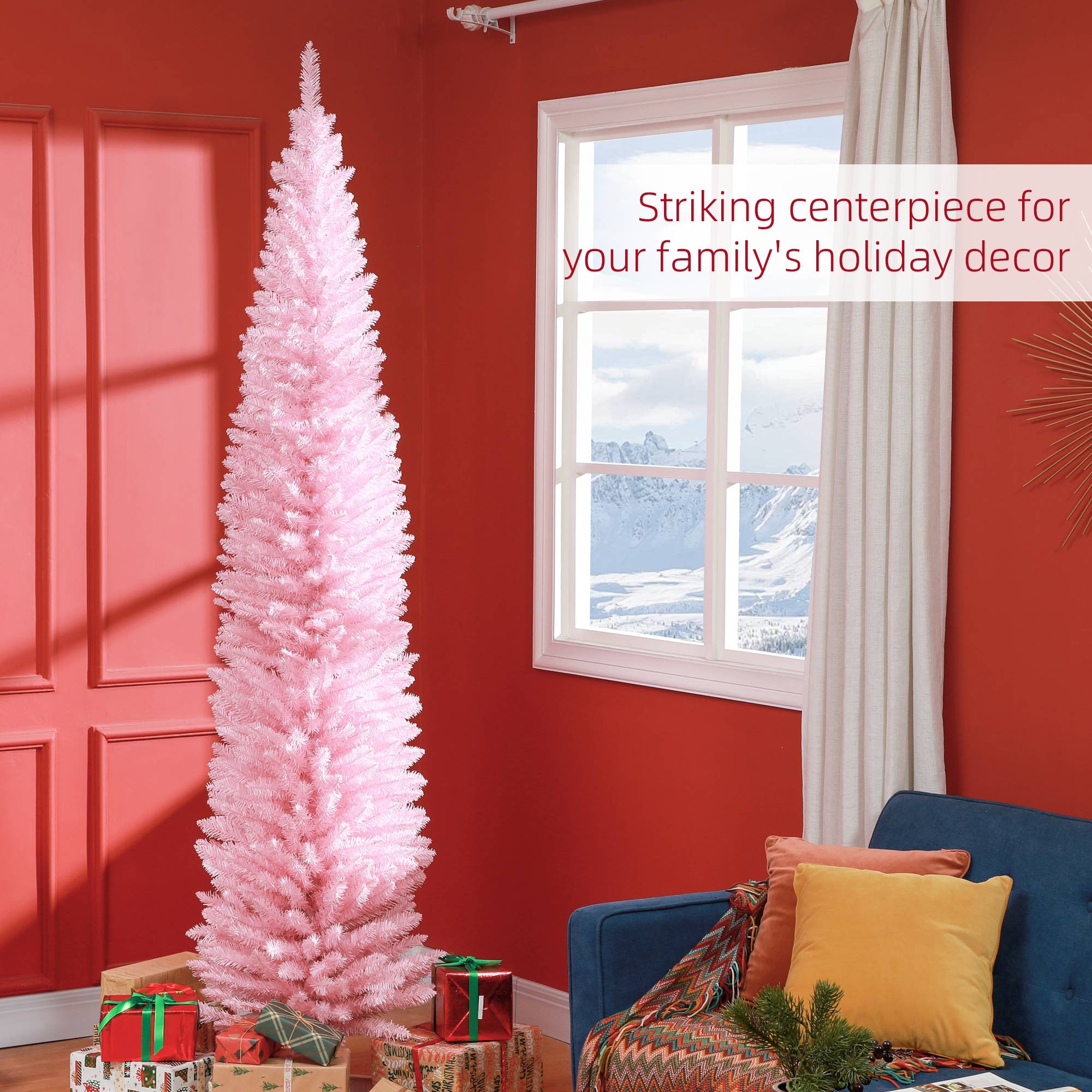 HOMCOM 8ft Pink Artificial Pencil Christmas Tree | Slim Xmas Tree with 618 Realistic Branch Tips & Plastic Stand | Flame Retardant for Home Decor
