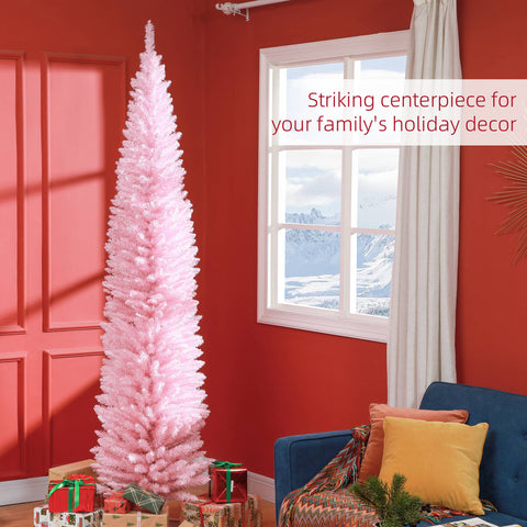 HOMCOM 8ft Pink Artificial Pencil Christmas Tree | Slim Xmas Tree with 618 Realistic Branch Tips & Plastic Stand | Flame Retardant for Home Decor