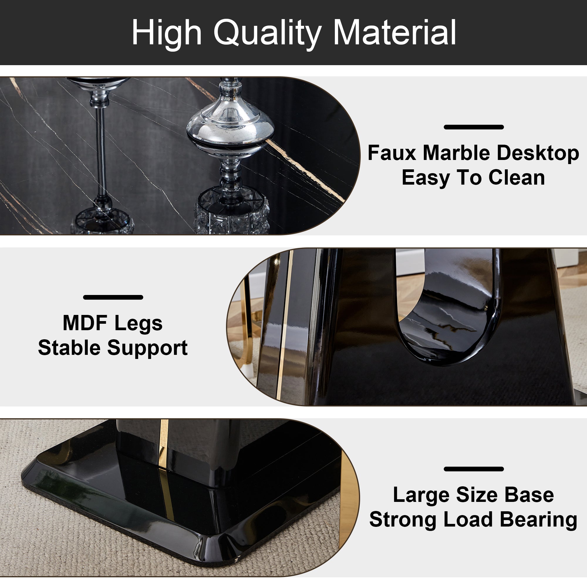 Modern Minimalist Dining Table Set with Imitation Marble Glass Top & Comfortable Chairs, Seats 4-8, U-Bracket MDF Legs, Black+Gold, Perfect for Dining & Living Rooms