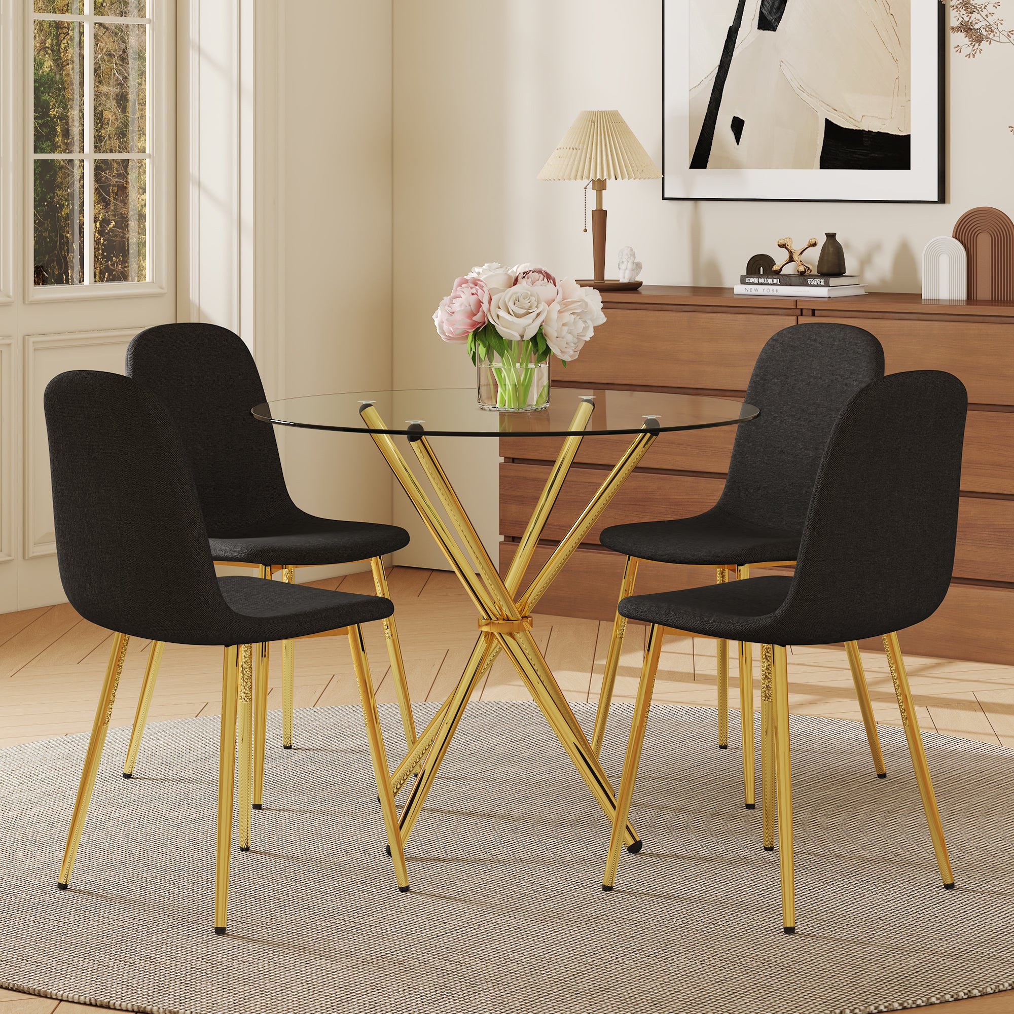 4-Piece Modern Luxe Dining Set: 36.6'' Round Tempered Glass Table & Black Linen-Cotton Chairs with Gold Metal Legs - Chic Seating for Kitchen, Living Room, Home Office | Seats 4