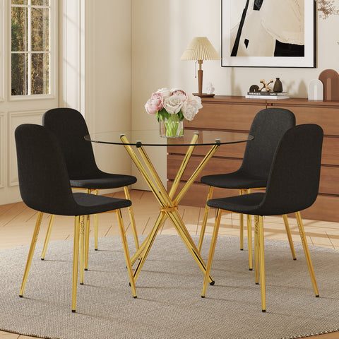 4-Piece Modern Luxe Dining Set: 36.6'' Round Tempered Glass Table & Black Linen-Cotton Chairs with Gold Metal Legs - Chic Seating for Kitchen, Living Room, Home Office | Seats 4