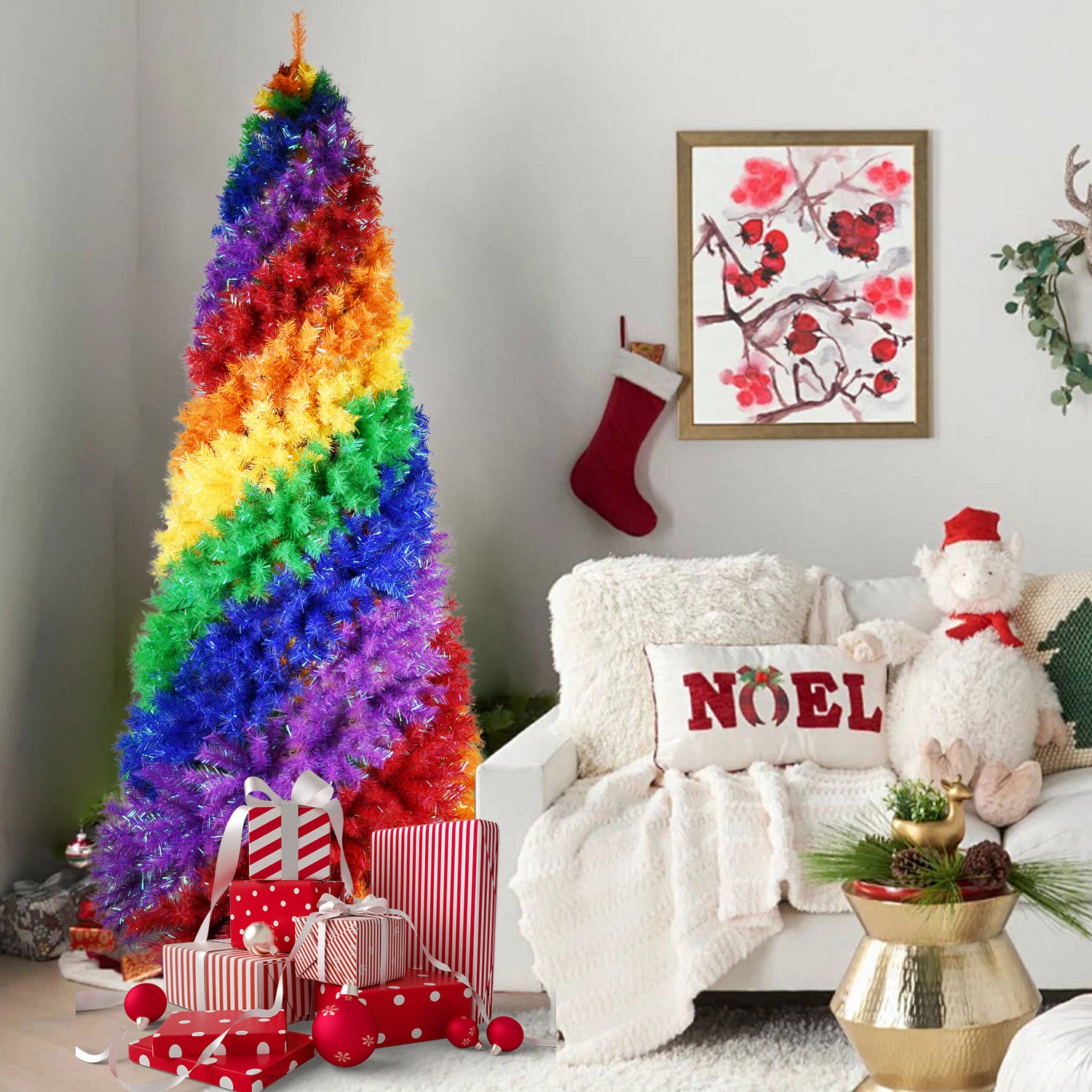 7.5ft Rainbow Spiral Christmas Tree: Vibrant PVC Artificial Holiday Tree with 1825 Lush Tips &amp; Sturdy Metal Stand for Indoor Festive Decor