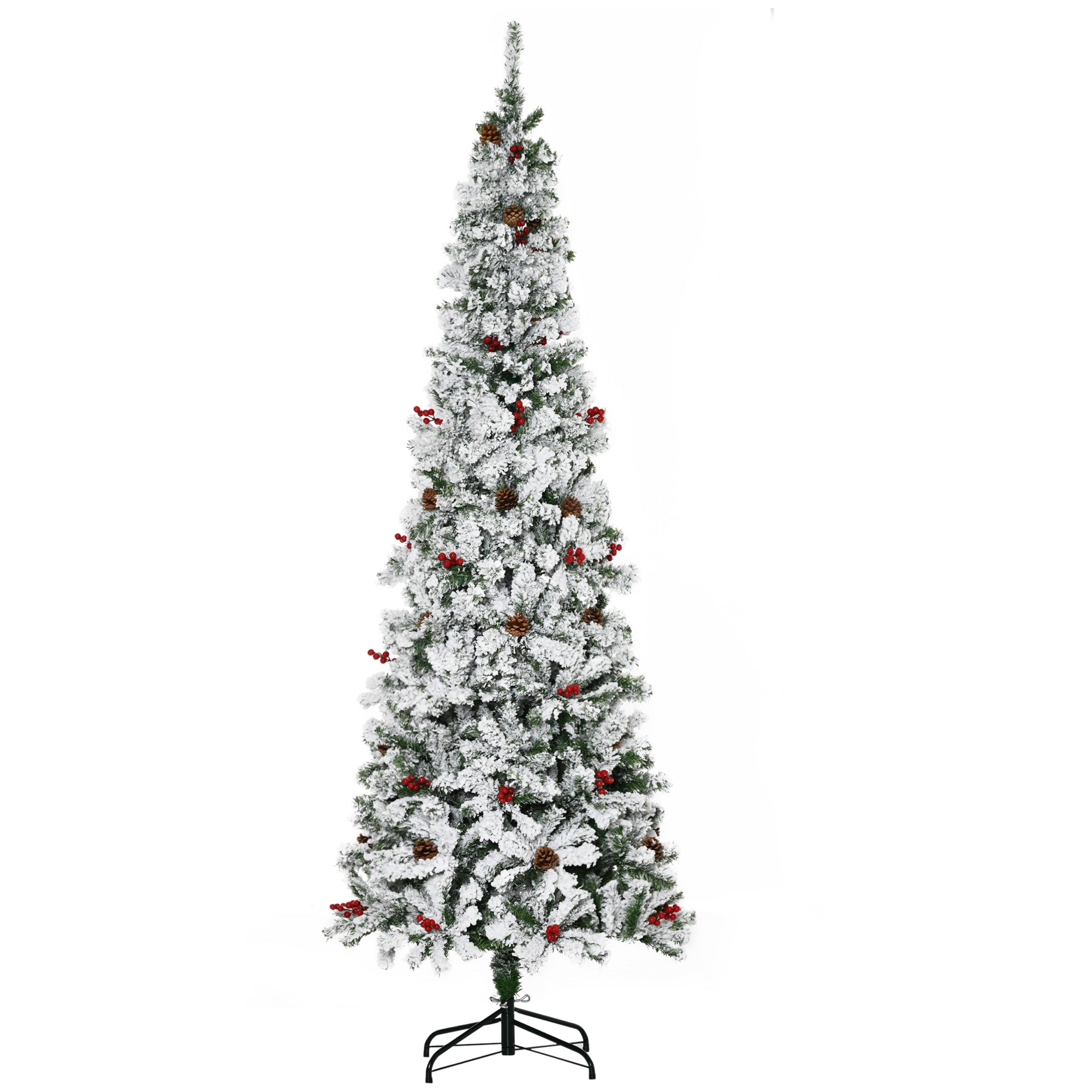 HOMCOM 7.5ft Pencil Snow Flocked Artificial Christmas Tree, Green, Realistic Branches, Pine Cones &amp; Berries, Auto Open, Flame Retardant, Easy Assembly for Home Holiday Decor