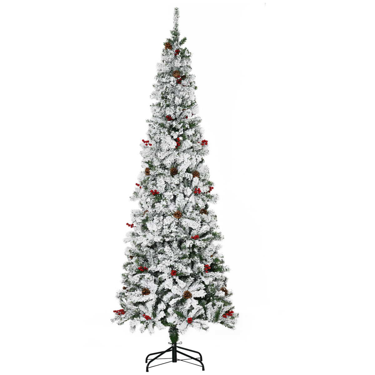 HOMCOM 7.5ft Pencil Snow Flocked Artificial Christmas Tree, Green, Realistic Branches, Pine Cones &amp; Berries, Auto Open, Flame Retardant, Easy Assembly for Home Holiday Decor
