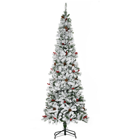HOMCOM 7.5ft Pencil Snow Flocked Artificial Christmas Tree, Green, Realistic Branches, Pine Cones &amp; Berries, Auto Open, Flame Retardant, Easy Assembly for Home Holiday Decor