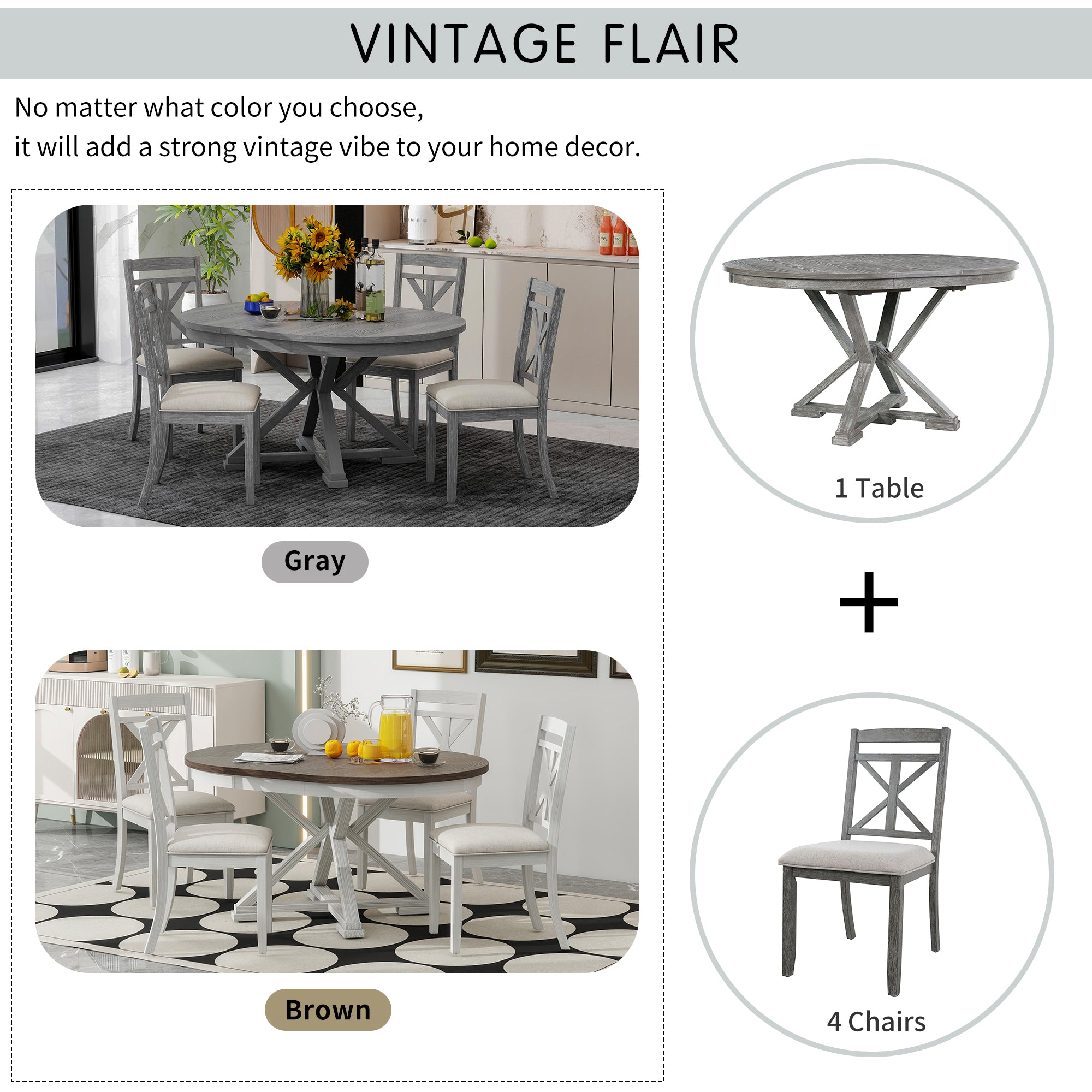 TREXM 5-Piece Extendable Round Dining Table Set for 4 - Vintage Grey Rubberwood & Linen Upholstered Chairs - 42"-54" Oval/Round Table for Kitchen, Dining Room, Living Room