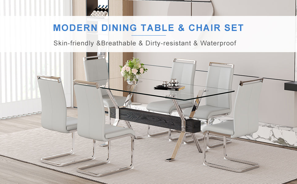 Elegant 71" Clear Tempered Glass Dining Table Set with 6 Light Gray PU Chairs, Silver Metal Legs - Modern Minimalist 6-Seater for Dining Room & Kitchen