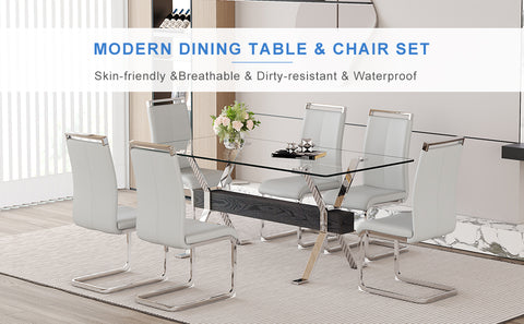 Elegant 71" Clear Tempered Glass Dining Table Set with 6 Light Gray PU Chairs, Silver Metal Legs - Modern Minimalist 6-Seater for Dining Room & Kitchen