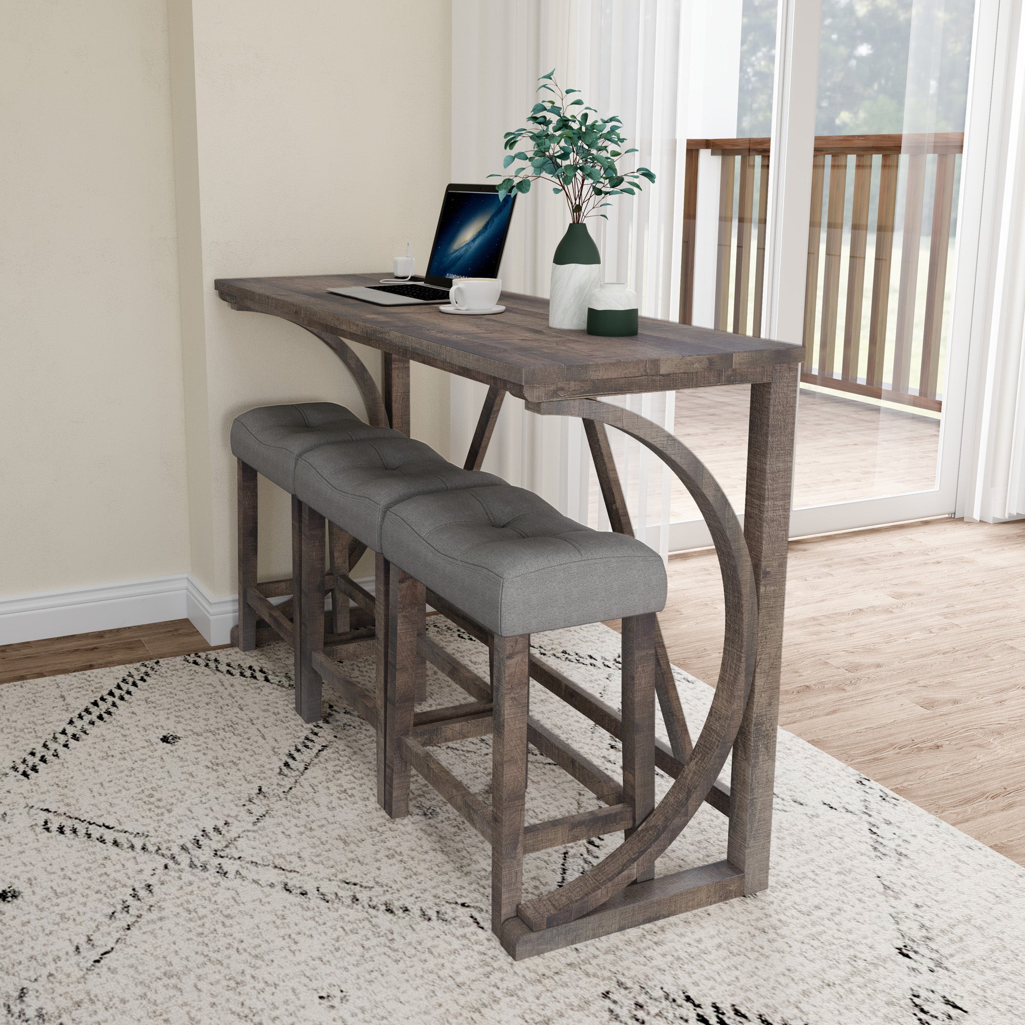 Industrial 4-Piece Bar Table Set with Power Outlet - Rustic Wood Grain Dining Table &amp; Comfy Linen Stools (59"x19"x36") - Space-Saving Breakfast Nook for Living Room, Game Room