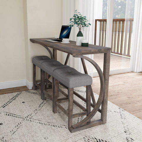 Industrial 4-Piece Bar Table Set with Power Outlet - Rustic Wood Grain Dining Table &amp; Comfy Linen Stools (59"x19"x36") - Space-Saving Breakfast Nook for Living Room, Game Room