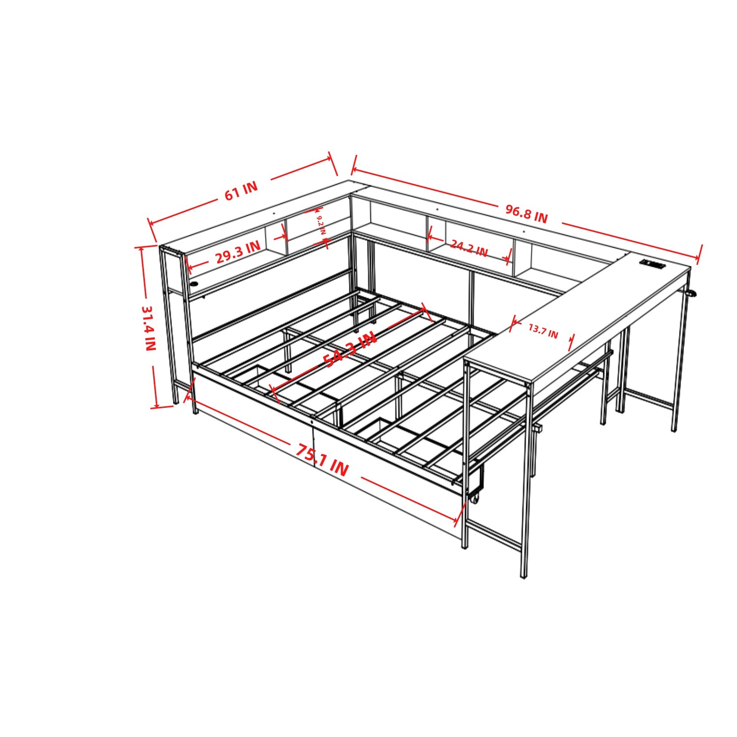 Corner Bed Frame Full Size with Bookcase and 2 Underbed Storage Drawers, Modern Full Bed with LED Light and Charging Station, Modern Daybed Reversible Left or Right, Grey