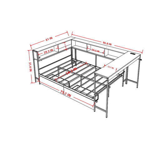 Corner Bed Frame Full Size with Bookcase and 2 Underbed Storage Drawers, Modern Full Bed with LED Light and Charging Station, Modern Daybed Reversible Left or Right, Grey