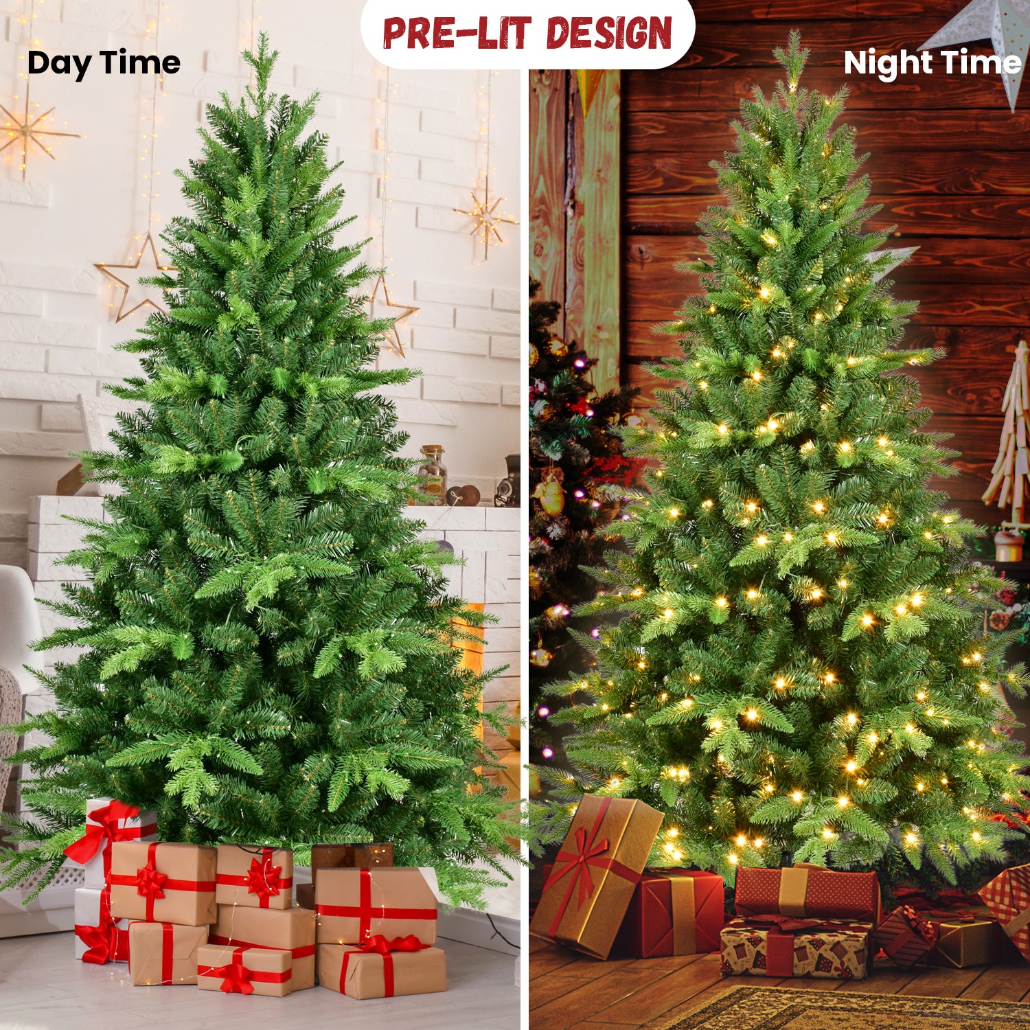 6ft Pre-Lit Christmas Tree: 350 Warm White LEDs, 1228 Realistic PE+PVC Tips, Hinged Full Artificial Xmas Tree with Metal Stand for Cozy Holiday Home Decor