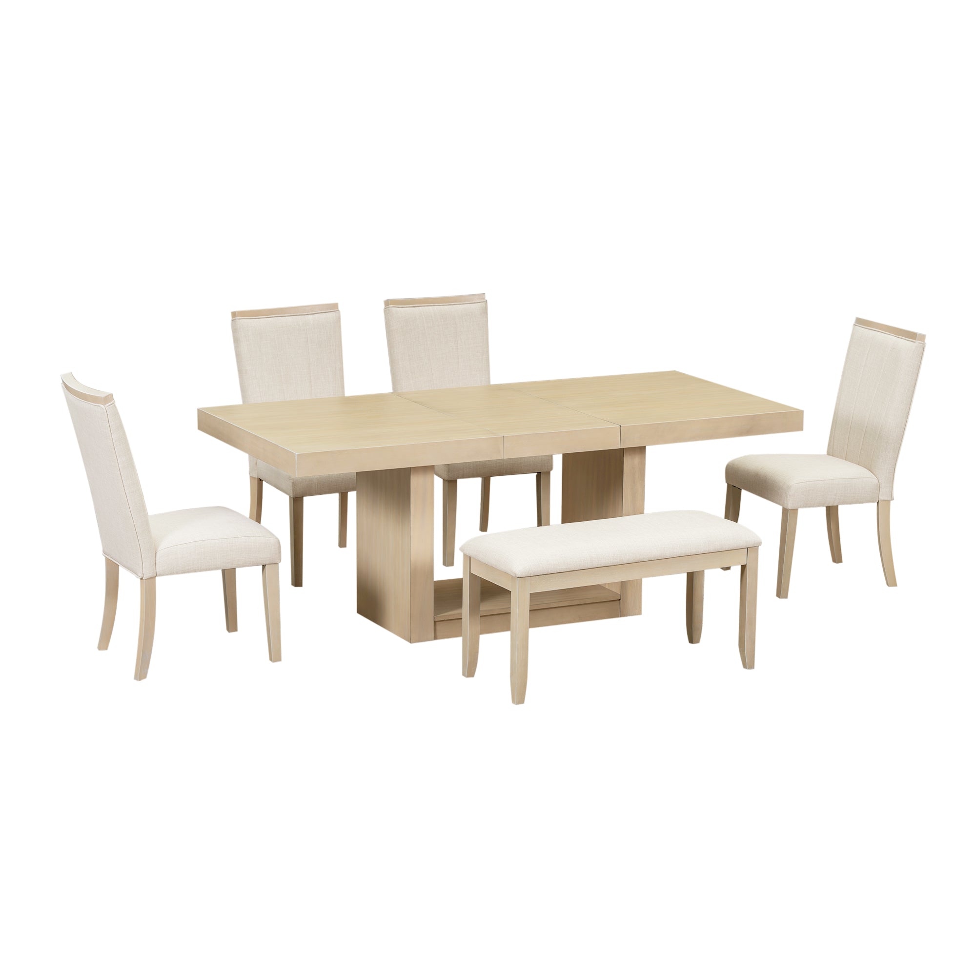 TOPMAX 6-Piece Natural Rubberwood Dining Set: 78" Extendable Pedestal Table w/ 18" Leaf, 4 Upholstered Chairs &amp; Bench for Dining Room, Seats 6