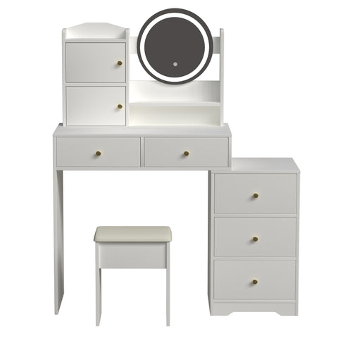 Fashion Vanity Desk with Mirror & Lights, 5 Drawers, White MDF, 47" Modern Makeup Table Set with Cushioned Stool, Adjustable 3-Color LED Lighting, Bedroom Furniture, Ideal Gift