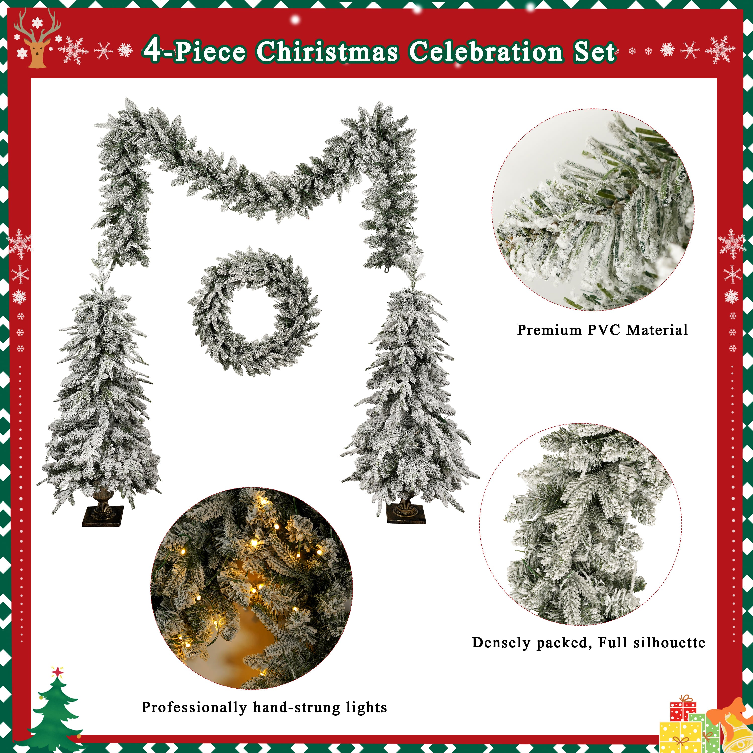 Pre-lit 4-Piece Christmas Tree Set: 4ft Artificial Tree, Wreath, Garland & 2 Entrance Trees with 330 Warm White LED Lights, Lush Green PVC Foliage for Festive Home & Office Decor