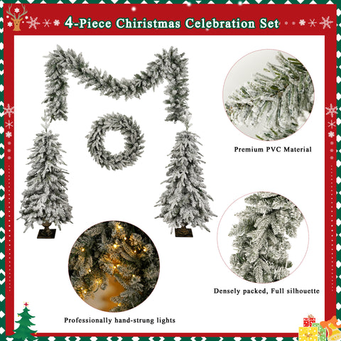 Pre-lit 4-Piece Christmas Tree Set: 4ft Artificial Tree, Wreath, Garland & 2 Entrance Trees with 330 Warm White LED Lights, Lush Green PVC Foliage for Festive Home & Office Decor