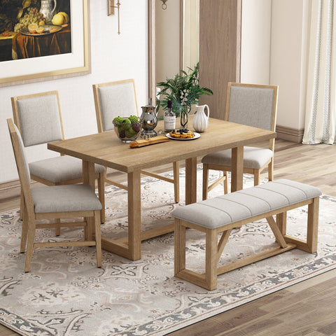 TREXM 6-Piece Retro Dining Table Set for 6, 60" Oak Veneer Wood Kitchen Table & 4 Chairs with Upholstered Bench, Natural Finish, Dining Room & Kitchen Use, Durable Rubberwood Legs