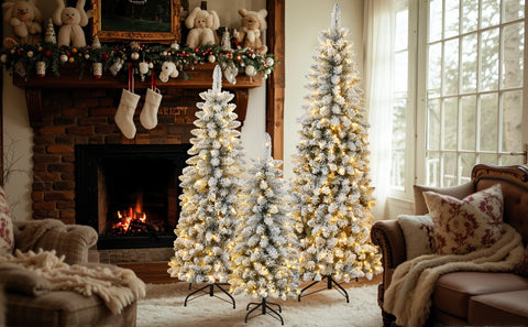 3 Pcs Flocked Artificial Christmas Trees Set w/ Warm White LED Lights, 4ft 5ft 6ft Snow-Covered Pine Tree Decor for Indoor Holiday Parties, Easy Assembly, Dense PVC Tips, Metal Stand, Green/White