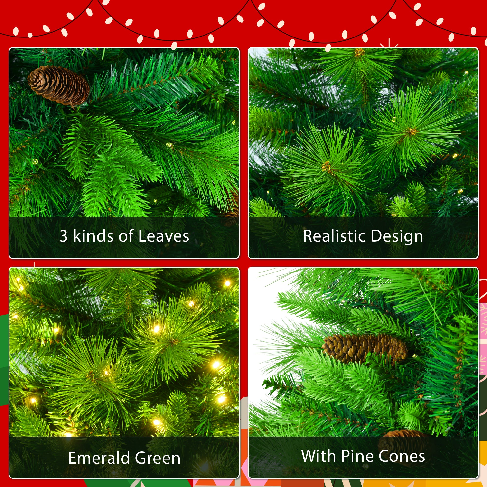 6FT Grass Green Hinged Artificial Christmas Tree Set: 844 Branch Tips, 430 Warm LED Lights, Pine Cones, Garland & Wreath Included - Durable PVC/PE for Home & Office Holiday Decor