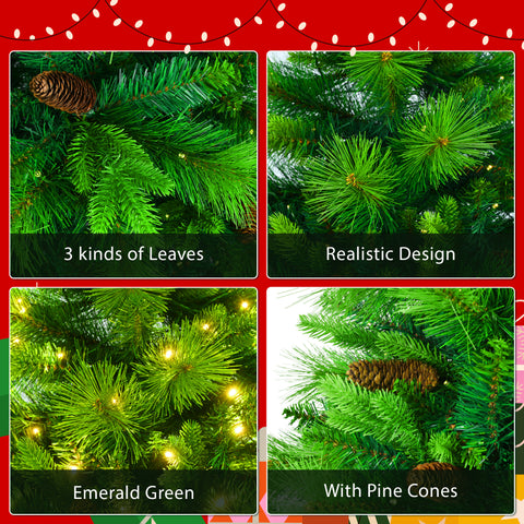 6FT Grass Green Hinged Artificial Christmas Tree Set: 844 Branch Tips, 430 Warm LED Lights, Pine Cones, Garland & Wreath Included - Durable PVC/PE for Home & Office Holiday Decor