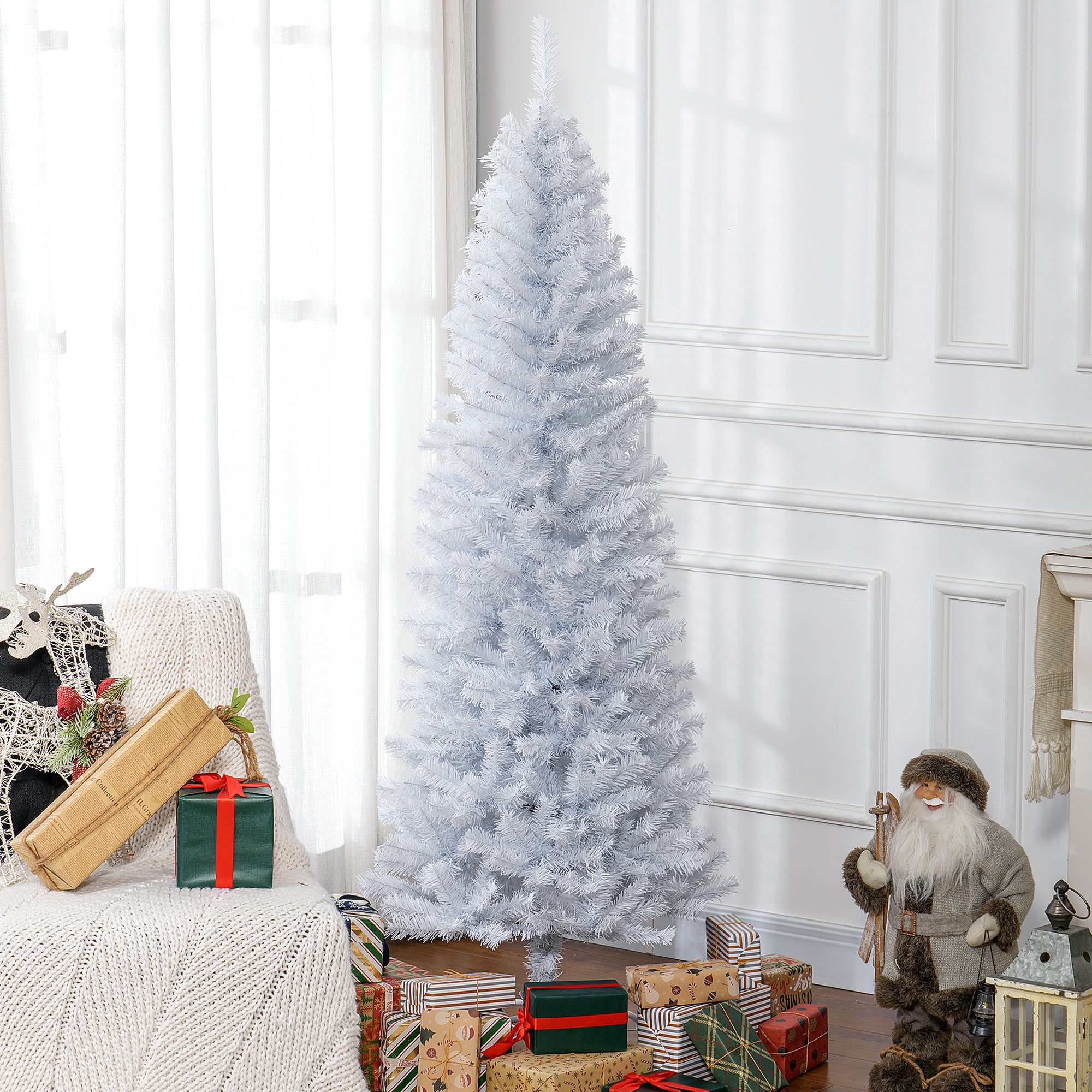 HOMCOM 6ft White Pencil Christmas Tree - Unlit Slim Artificial Douglas Fir with 618 Realistic Tips, Flame-Retardant Plastic, Easy Assembly & Storage for Festive Home Decor