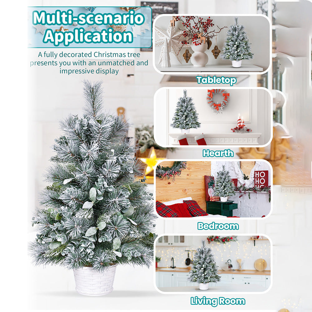 2ft White & Green Tabletop Christmas Tree: 68 Tips, Eucalyptus & Pine Accents, Lightly Flocked PVC with Stable Cement Base - Perfect for Desks, Mantels & Holiday Decor