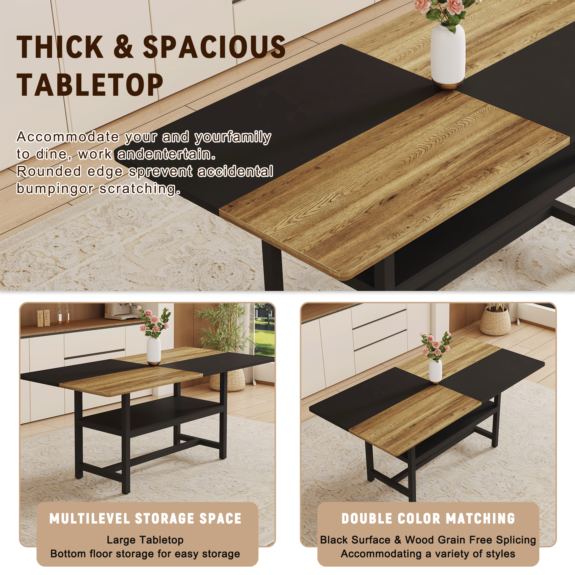 71" Wooden & Black Spliced Dining Table Set with Storage, Seats 6, Paired with Light Gray Linen-Cotton Chairs - Perfect for Kitchen, Dining Room, Home Gatherings