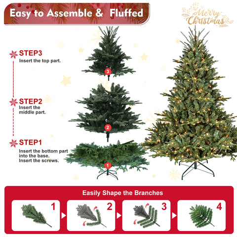 8FT Full Shape Christmas Tree: 2673 Tips, 900 UL Warm White Lights, Hinged PE/PVC Mixed Branches, Wide Base, Stable Metal Stand for Spacious Living Rooms &amp; Holiday Decor