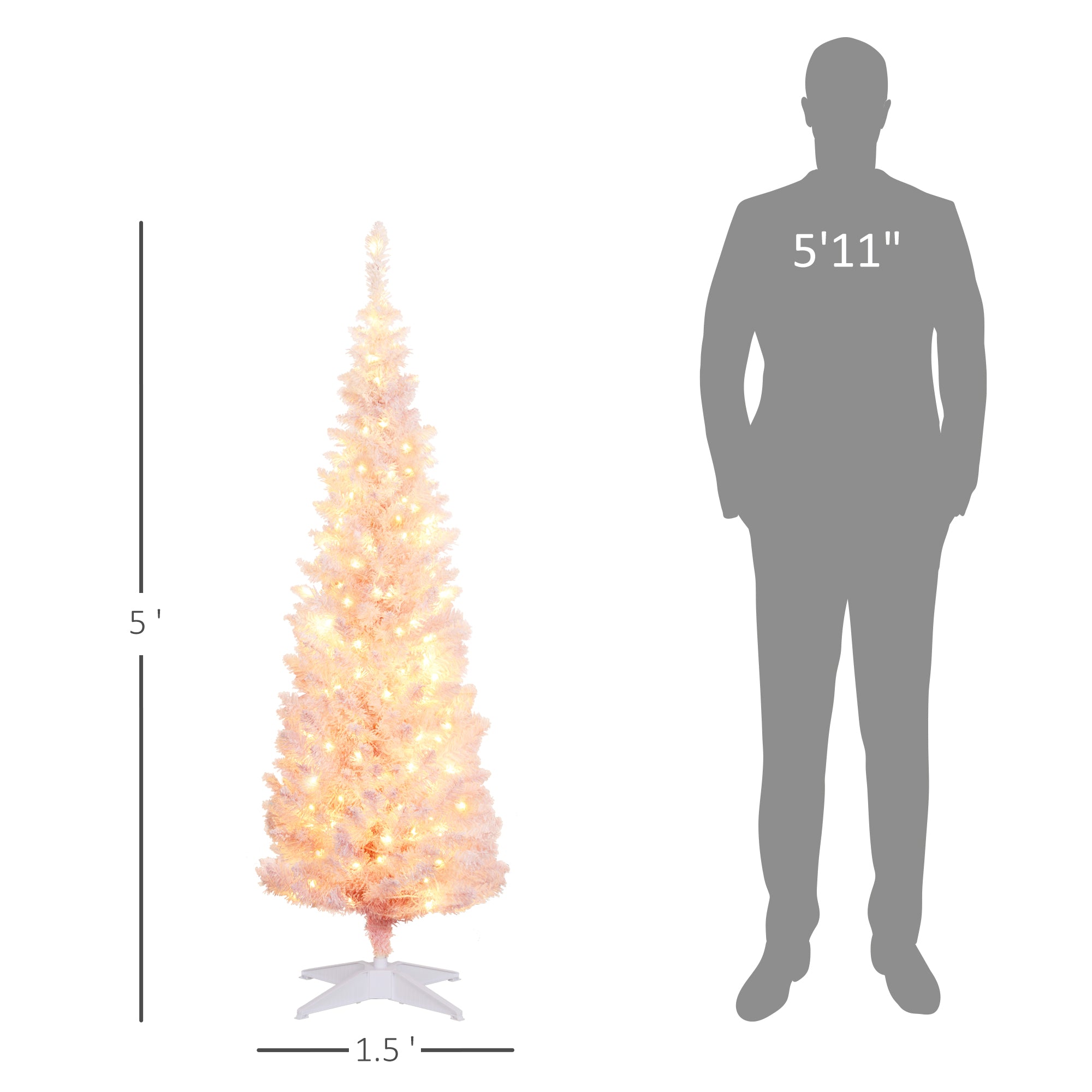 HOMCOM 5' Pink Pre-Lit Slim Noble Fir Artificial Christmas Tree - Snow-Flocked, 160 Warm White LEDs, 294 Tips, Flame-Retardant Plastic - Perfect for Indoor Holiday Decor