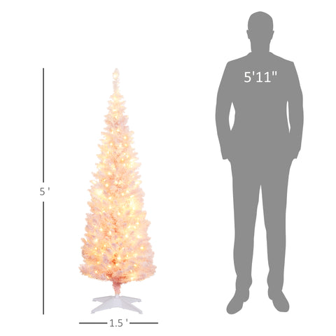 HOMCOM 5' Pink Pre-Lit Slim Noble Fir Artificial Christmas Tree - Snow-Flocked, 160 Warm White LEDs, 294 Tips, Flame-Retardant Plastic - Perfect for Indoor Holiday Decor