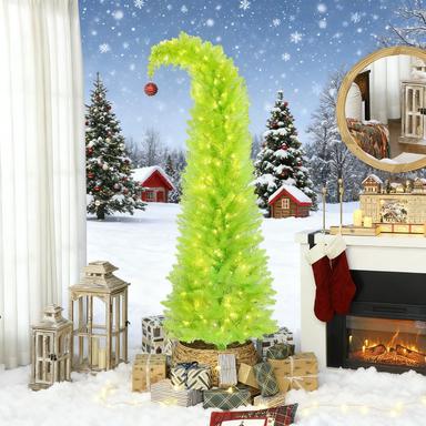 72 Inch Whimsical Pencil Christmas Tree - Prelit Green Xmas Tree with 230 Warm White LEDs, Red Ball Top, 555 Tips, Metal Base for Indoor Holiday Decor
