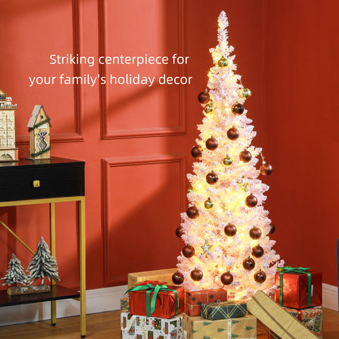 HOMCOM 5' Pink Pre-Lit Slim Noble Fir Artificial Christmas Tree - Snow-Flocked, 160 Warm White LEDs, 294 Tips, Flame-Retardant Plastic - Perfect for Indoor Holiday Decor