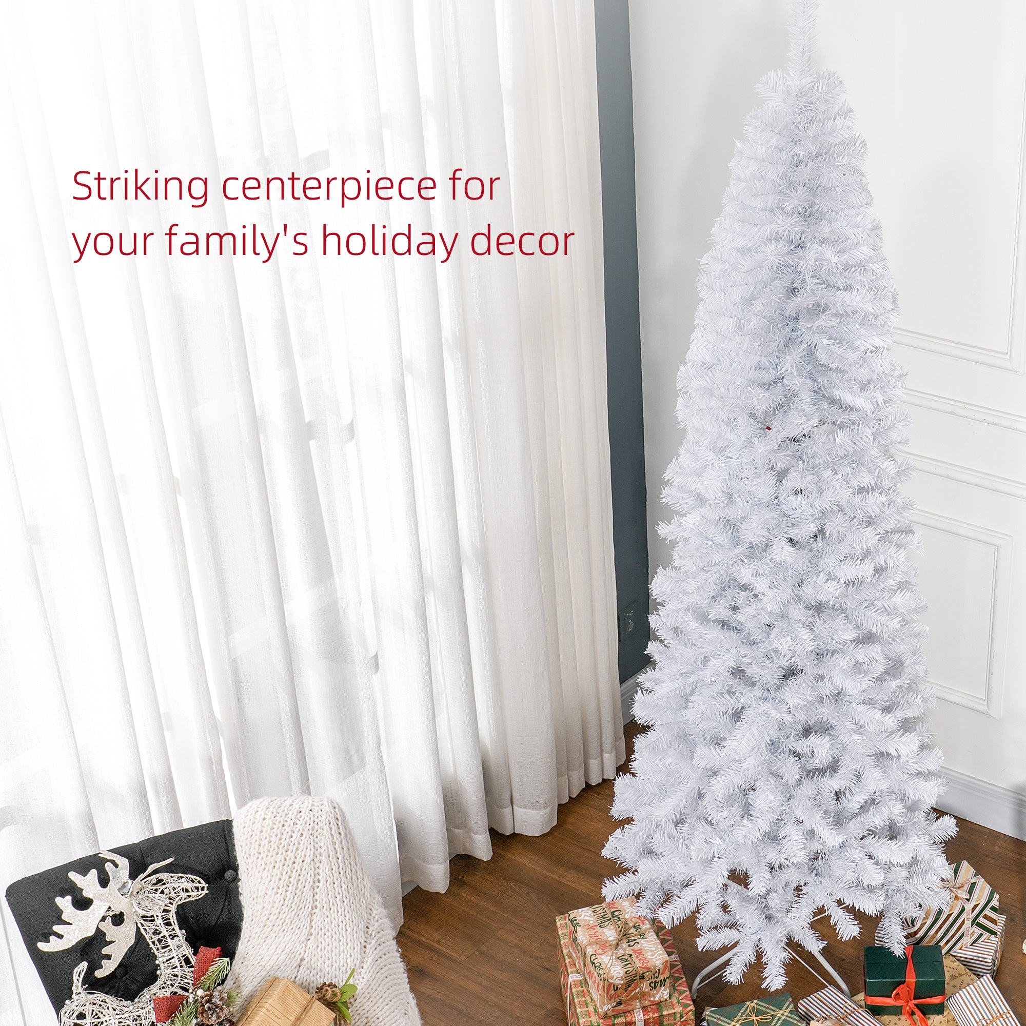 HOMCOM 7ft White Pencil Christmas Tree - Unlit Slim Douglas Fir Artificial Xmas Tree, 818 Realistic Tips, Flame-Retardant Plastic, Easy Assembly for Home Decor