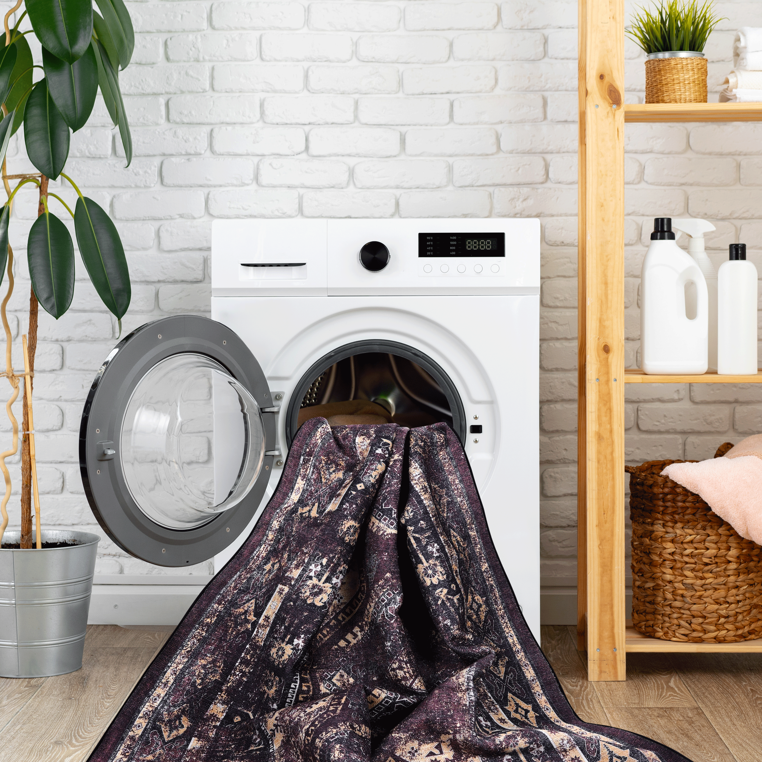 MAVAL 4x6 Washable Area Rug - Black &amp; Burgundy Chenille Boho Style, Non-Slip, Stain-Resistant, Low Pile for Living Room, Bedroom, Hallway, Kitchen